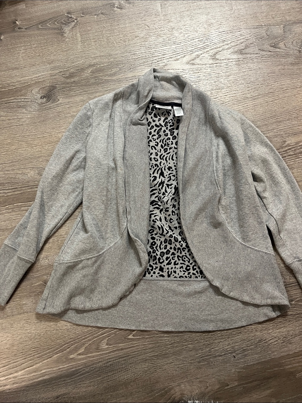 Women's Gray Open-Front Blazer with Leopard-Print Lining